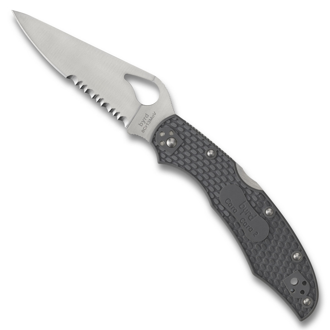 Byrd Grey Cara Cara 2 Folder Knife, Satin Combo Blade FRONT VIEW