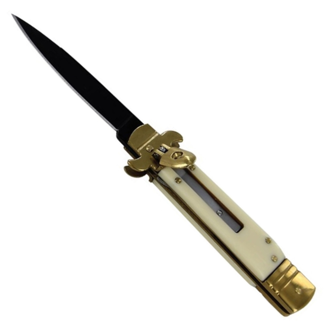 Leverletto Stiletto Faux Ivory Auto Knife, Black Blade FRONT VIEW