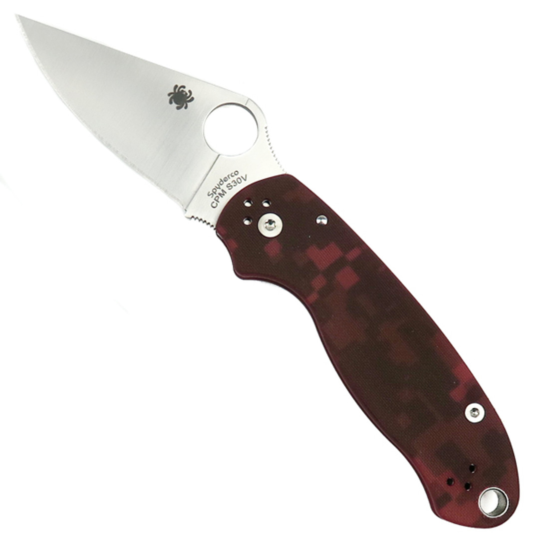 Spyderco Custom Red Camo Para 3 Folder Knife, Satin Blade Front View
