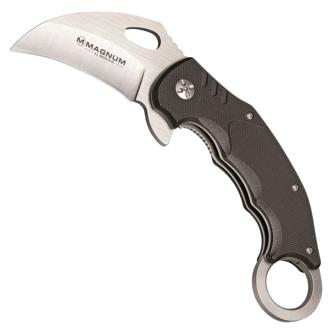Boker Magnum Dark Claw Karambit Flipper Knife, Stonewash Blade FRONT VIEW
