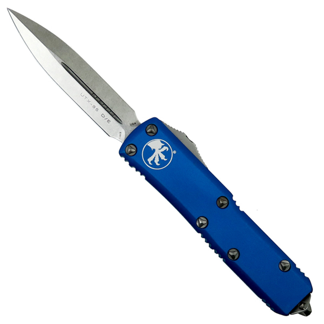 Microtech Blue UTX-85 Dagger OTF Auto Knife, Stonewash Blade Front Open View