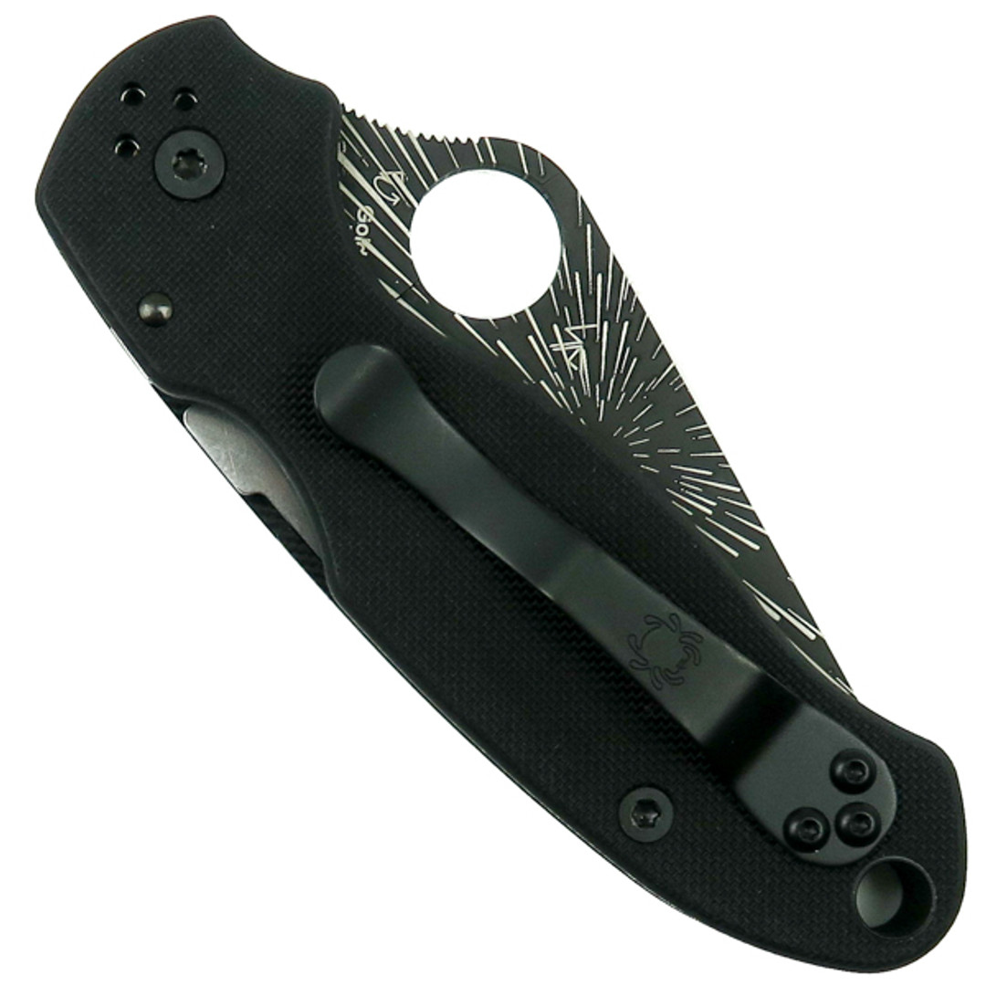 Spyderco Custom Para 3 Folder Knife, Warp Speed Blade Back Closed View