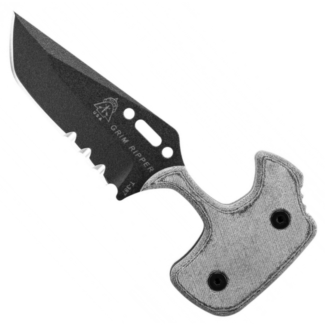 TOPS Grim Ripper Fixed Blade Knife, Black Combo Blade FRONT VIEW