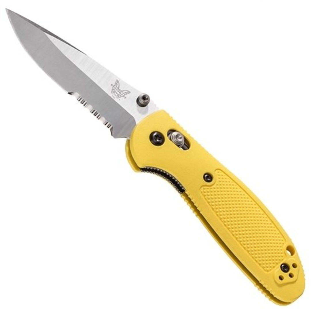 Benchmade Yellow Mini Griptilian Folder Knife, CPM-S30V Combo Blade FRONT VIEW