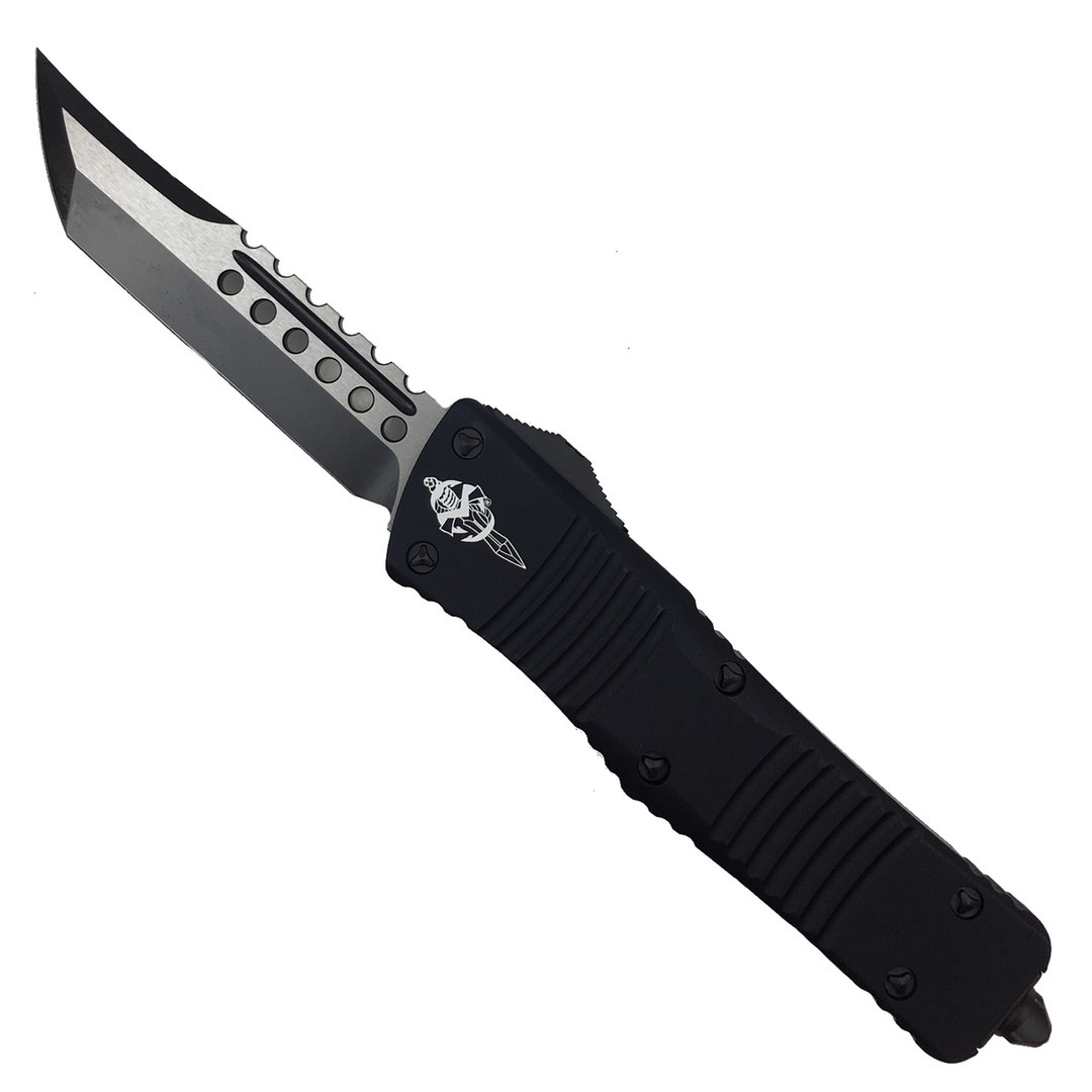 Microtech Combat Troodon Hellhound OTF Auto Knife, DLC Black Blade FRONT VIEW