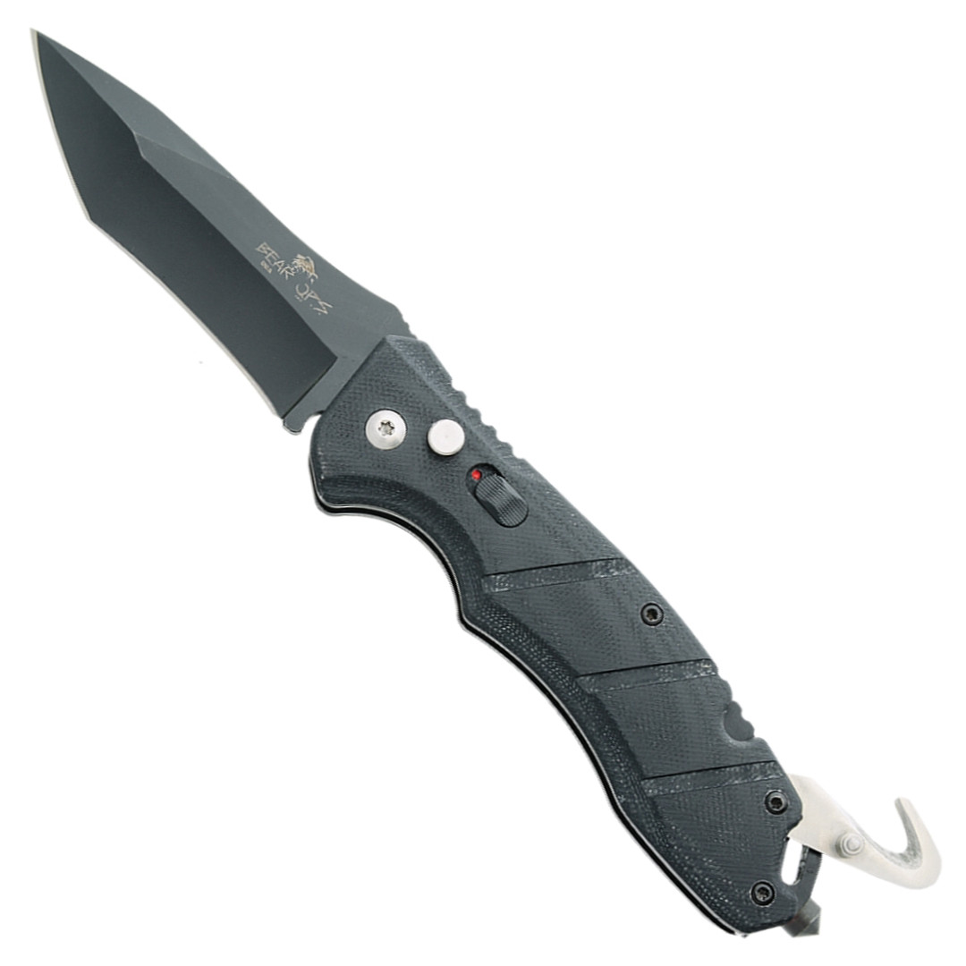 Bear OPS Bold Action V Rescue Auto Knife, Black Blade FRONT VIEW