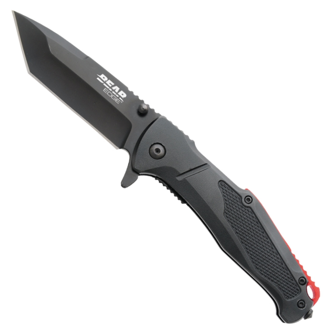 Bear Edge Pattern 121 Tanto Spring Assist Knife, Black Blade FRONT VIEW