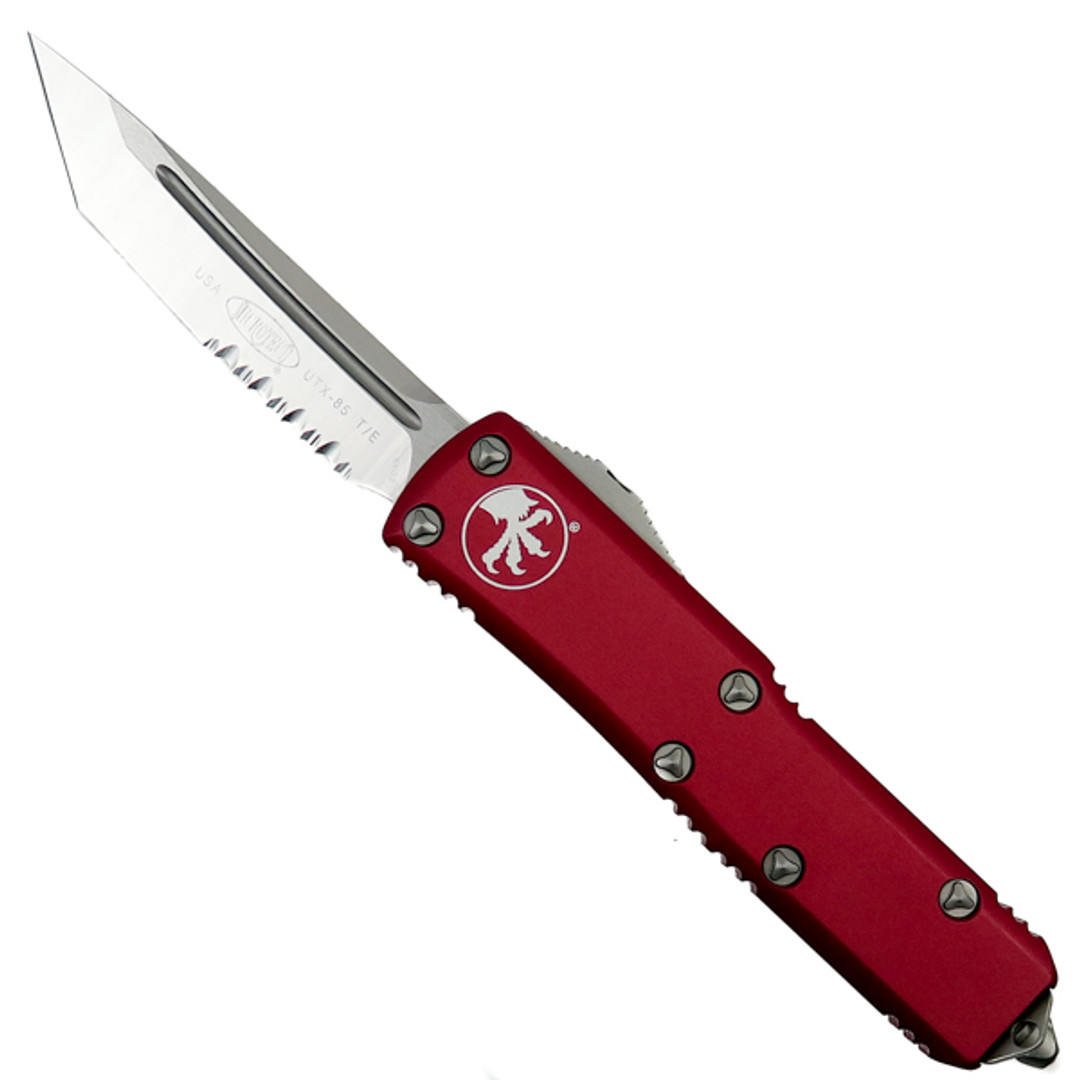 Microtech Red UTX-85 Tanto OTF Auto Knife, Satin Combo Blade