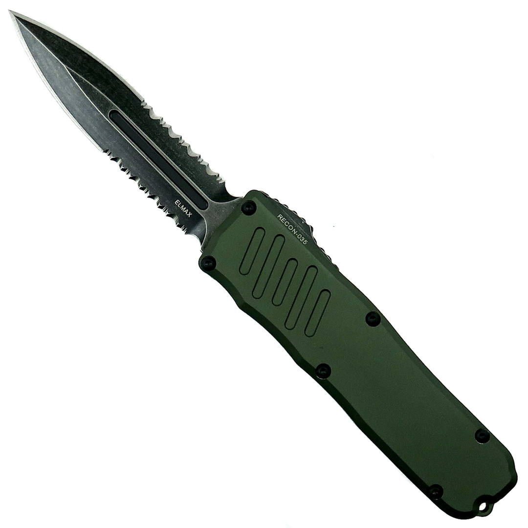 Guardian Tactical OD Green RECON-035 Dagger OTF Auto Knife, Dark Stonewash Combo Blade