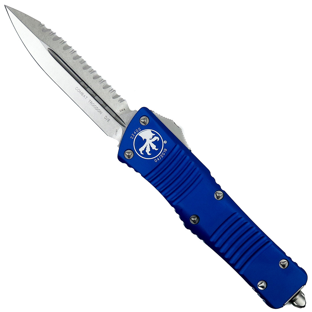 Microtech Blue Combat Troodon Dagger OTF Auto Knife, Stonewash Serrated Blade