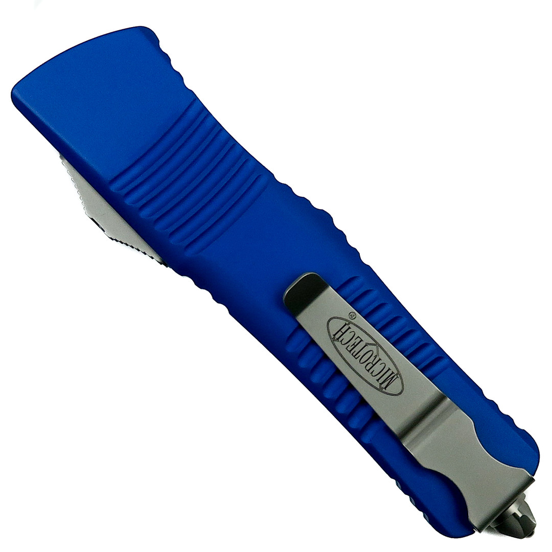Microtech Blue Combat Troodon Dagger OTF Auto Knife, Stonewash Serrated Blade REAR VIEW