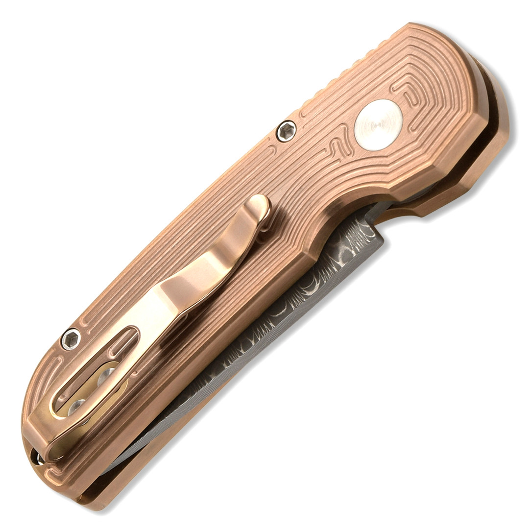 Pro-Tech Custom Rose Gold Tron Calmigo Steel Auto Knife, Damascus Blade REAR VIEW