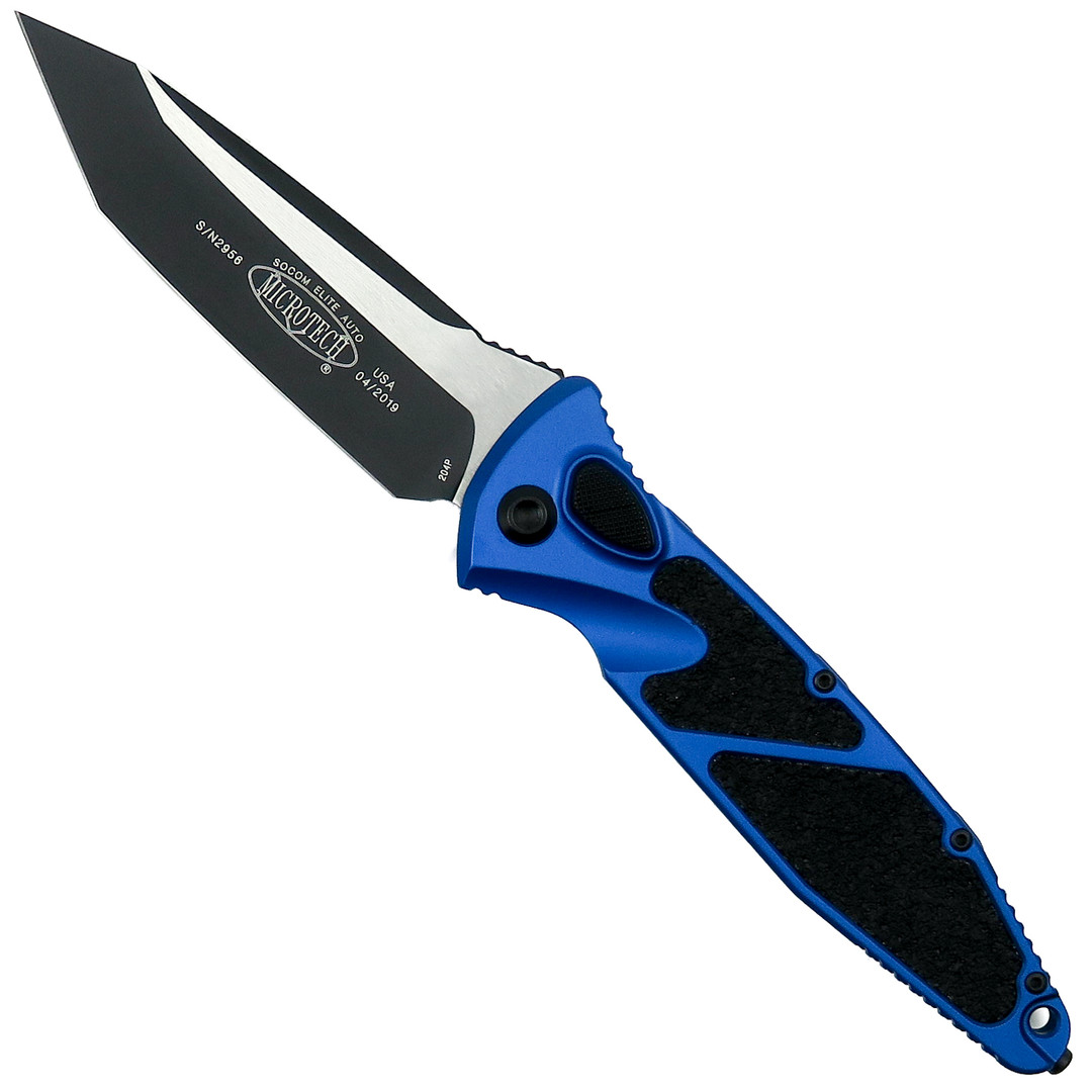 Microtech Blue Socom Elite Tanto Auto Knife, Black Blade