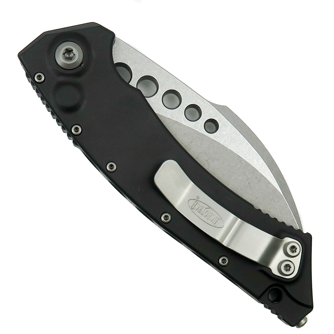 Microtech Hawk Auto Knife, Stonewash Blade Clip View