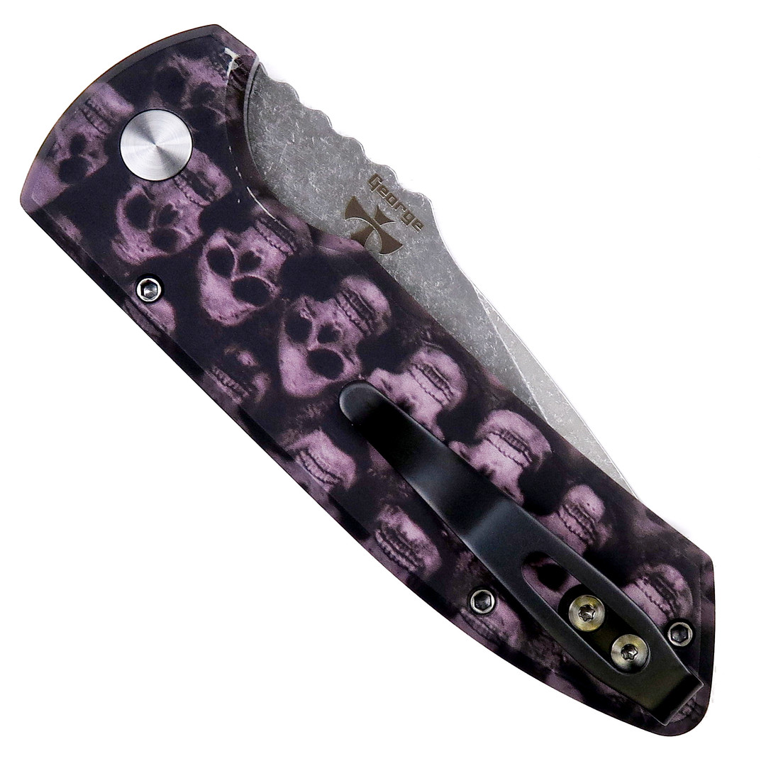 Pro-Tech Skulls #4 SBR Auto Knife, Acid Washed Blade Clip View