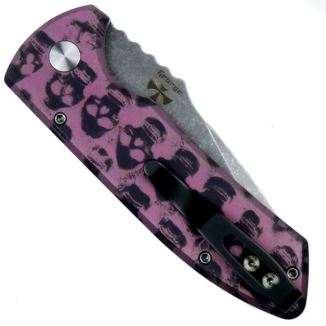 Pro-Tech Skulls #5 SBR Auto Knife, Acid Washed Blade Clip View