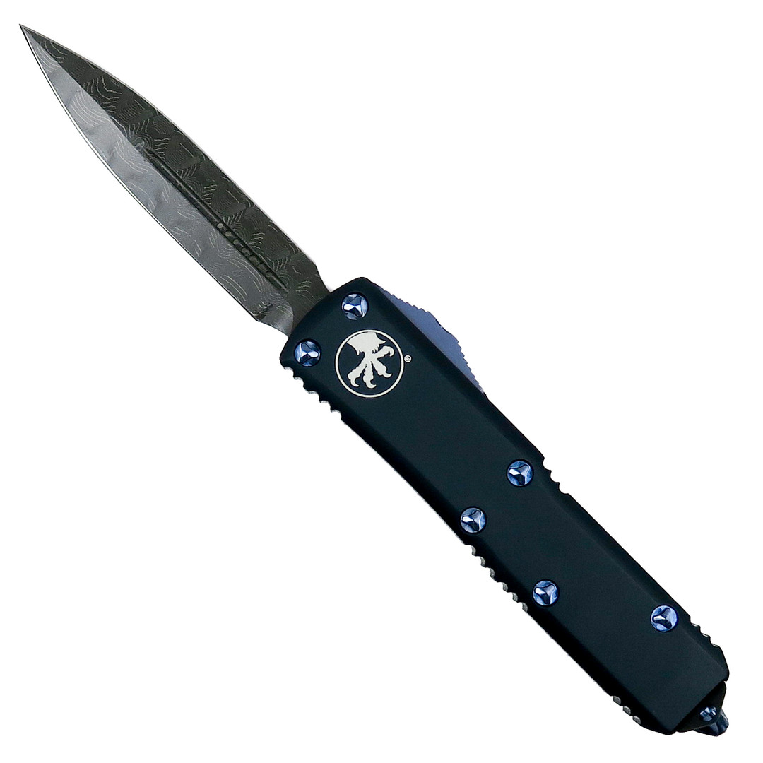 Microtech UTX-85 Dagger OTF Auto Knife, Blue Hardware, Damascus Blade