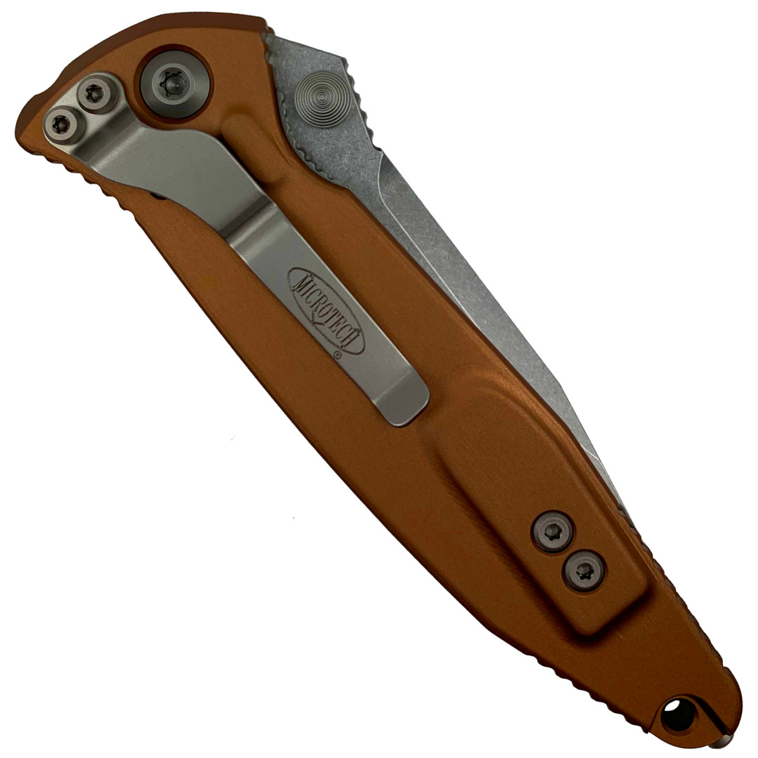 Microtech Tan Socom Elite Folder Knife, Stonewash Blade REAR VIEW
