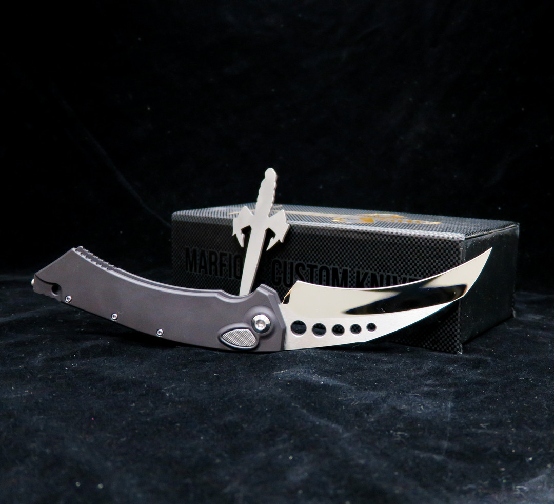 Marfione Custom Hawk Auto Knife, Mirror Blade glamour shot
