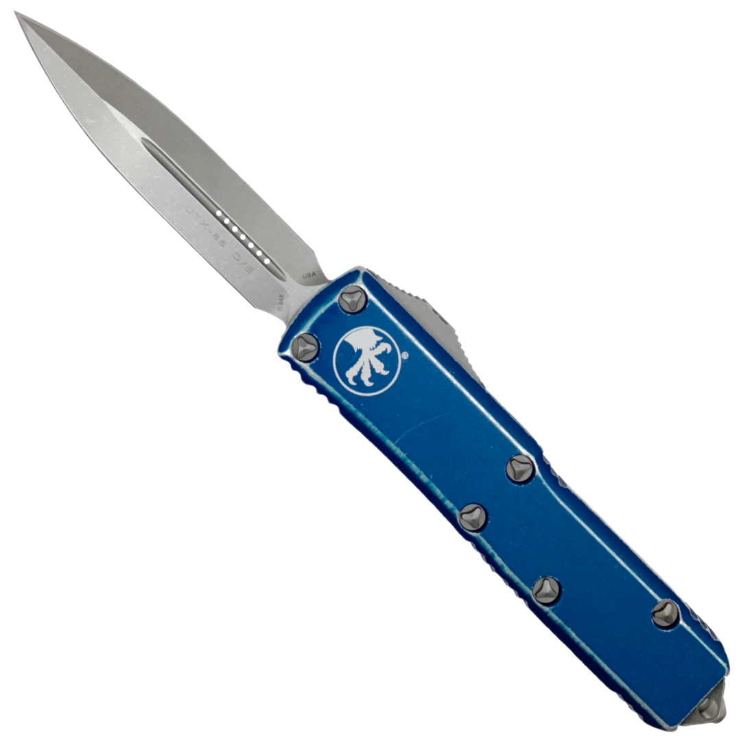 Microtech Distressed Blue UTX-85 Dagger OTF Auto Knife, Apocalyptic Stonewash Blade