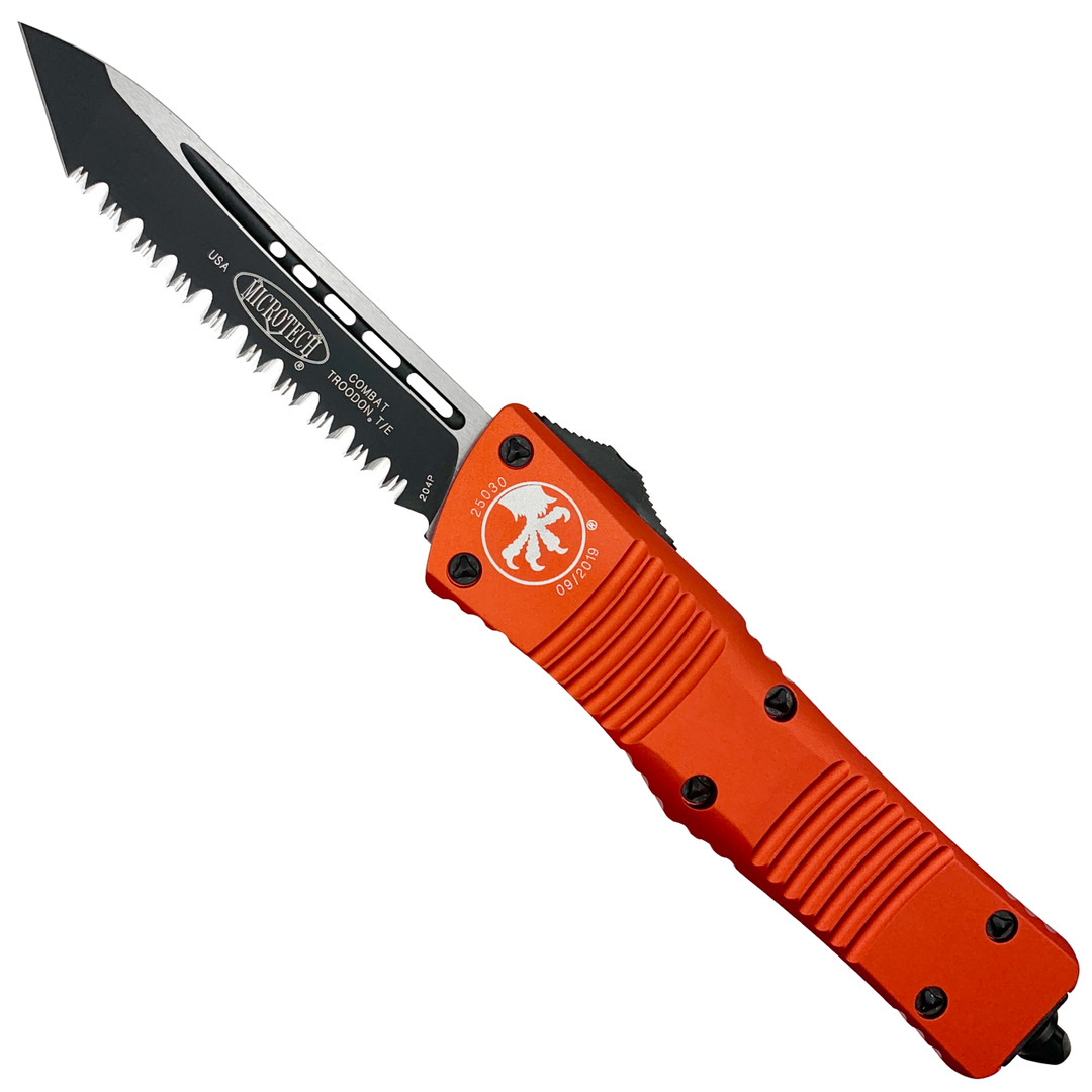 Microtech Orange Combat Troodon Tanto OTF Auto Knife, Black Serrated Blade