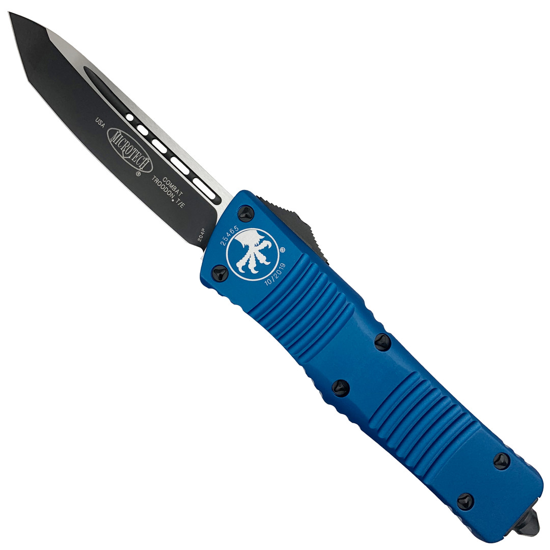 Microtech Blue Combat Troodon Tanto OTF Auto Knife, Black Blade