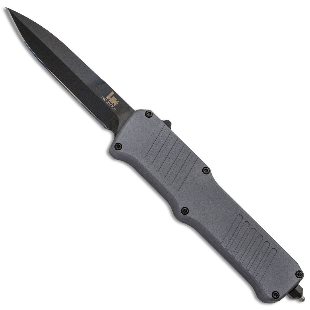 HK Grey Incursion Bayonet OTF Auto Knife, Black Blade