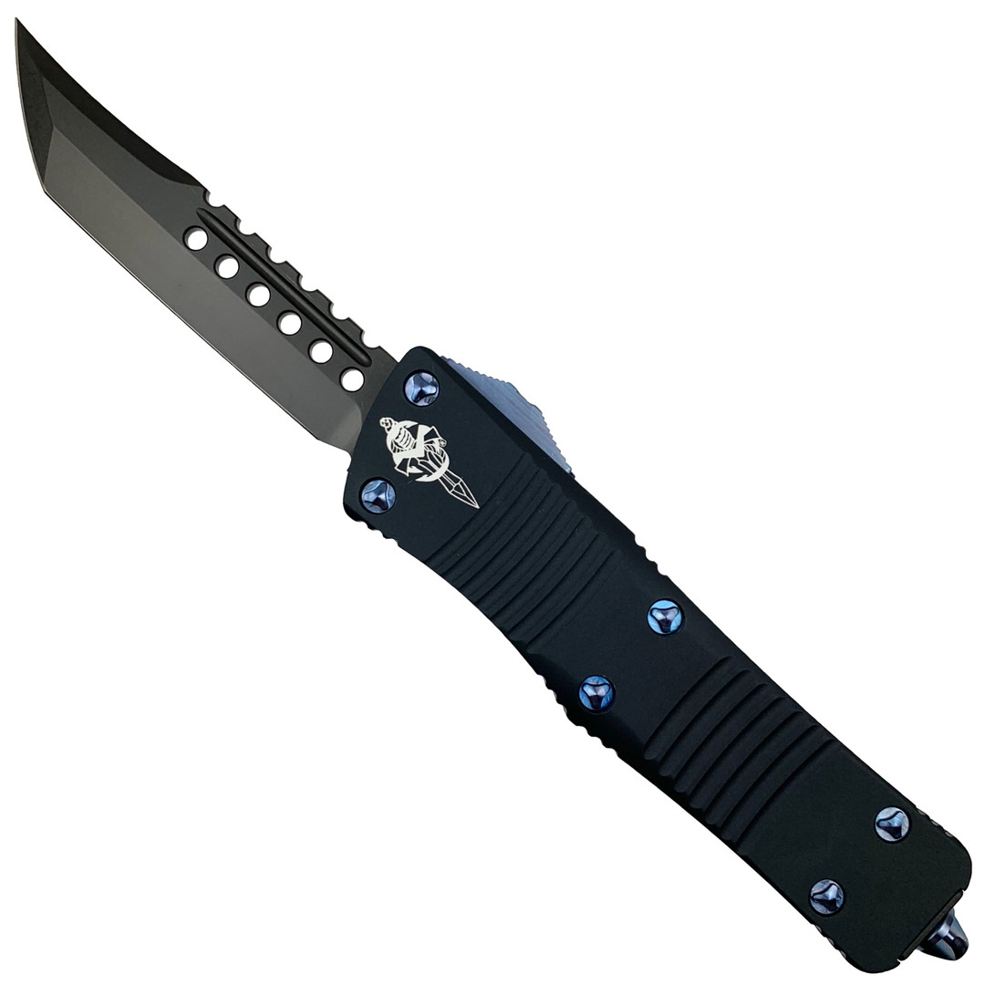 Microtech Troodon Hellhound OTF Auto Knife, Blue Hardware, DLC Black Blade
