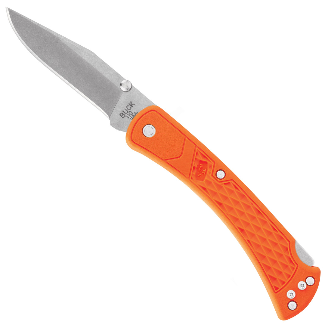Buck Blaze Orange 110 Slim Hunter Select Folder Knife, Stonewash Blade