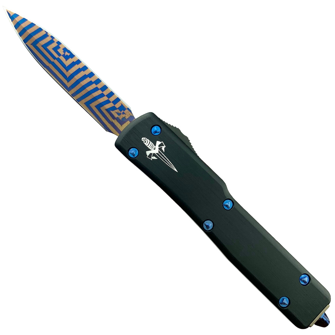 Marfione Custom UTX-70 Dagger OTF Auto Knife, Blued Mosaic Damascus Blade