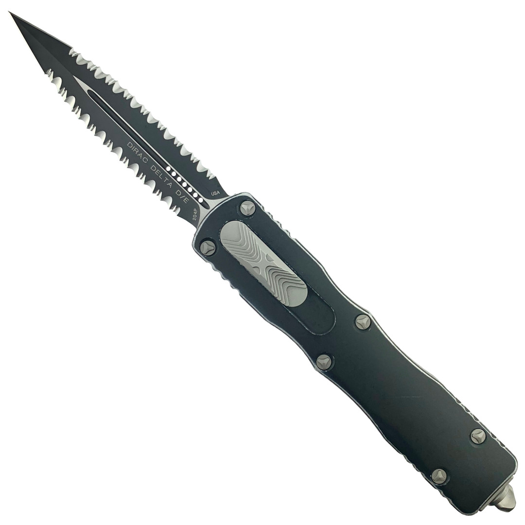 Microtech Distressed Dirac Delta Dagger OTF Auto Knife, Black Doubled Serrated Blade