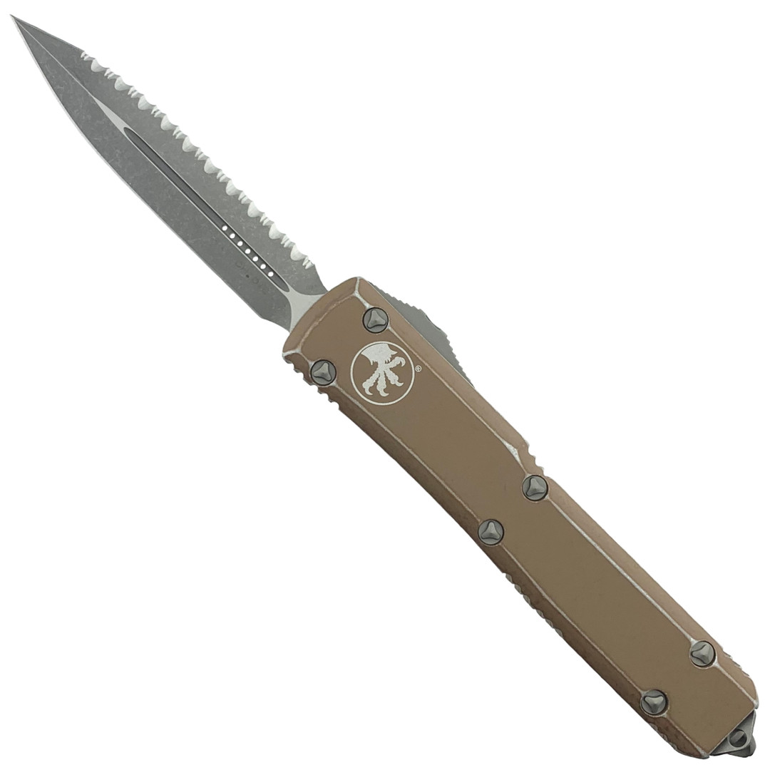 Microtech Distressed Tan Ultratech Dagger OTF Auto Knife, Apocalyptic Stonewash Serrated Blade