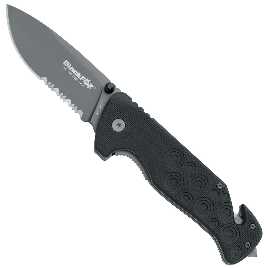 BlackFox Knives Black Action Rescue Folder Knife, Dark Grey Combo Blade
