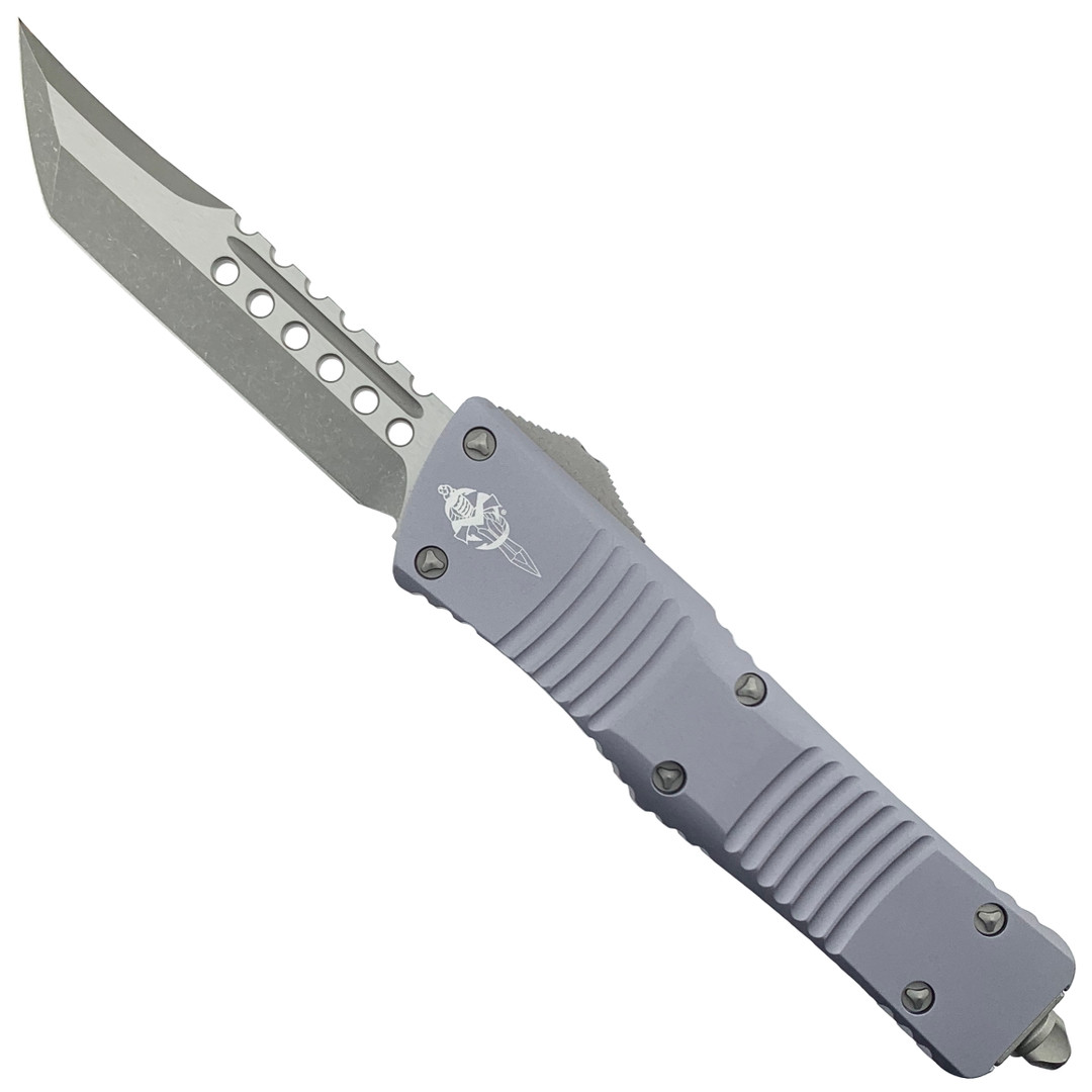 Microtech Grey Combat Troodon Hellhound OTF Auto Knife, Apocalyptic Stonewash Blade