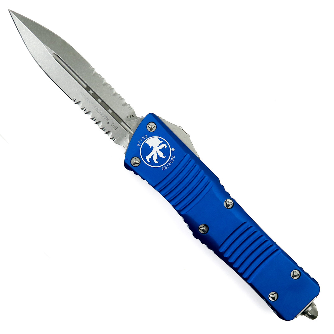 Microtech Blue Combat Troodon Dagger OTF Auto Knife, Stonewash Combo Blade