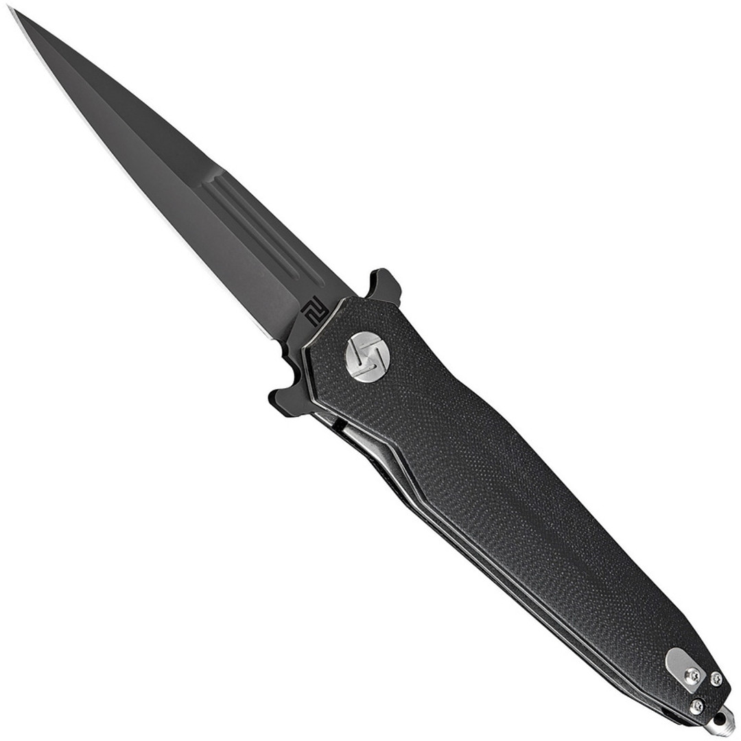 Artisan Cutlery Hornet Knife, Black D2 Spear Point Blade, Curved Black G10