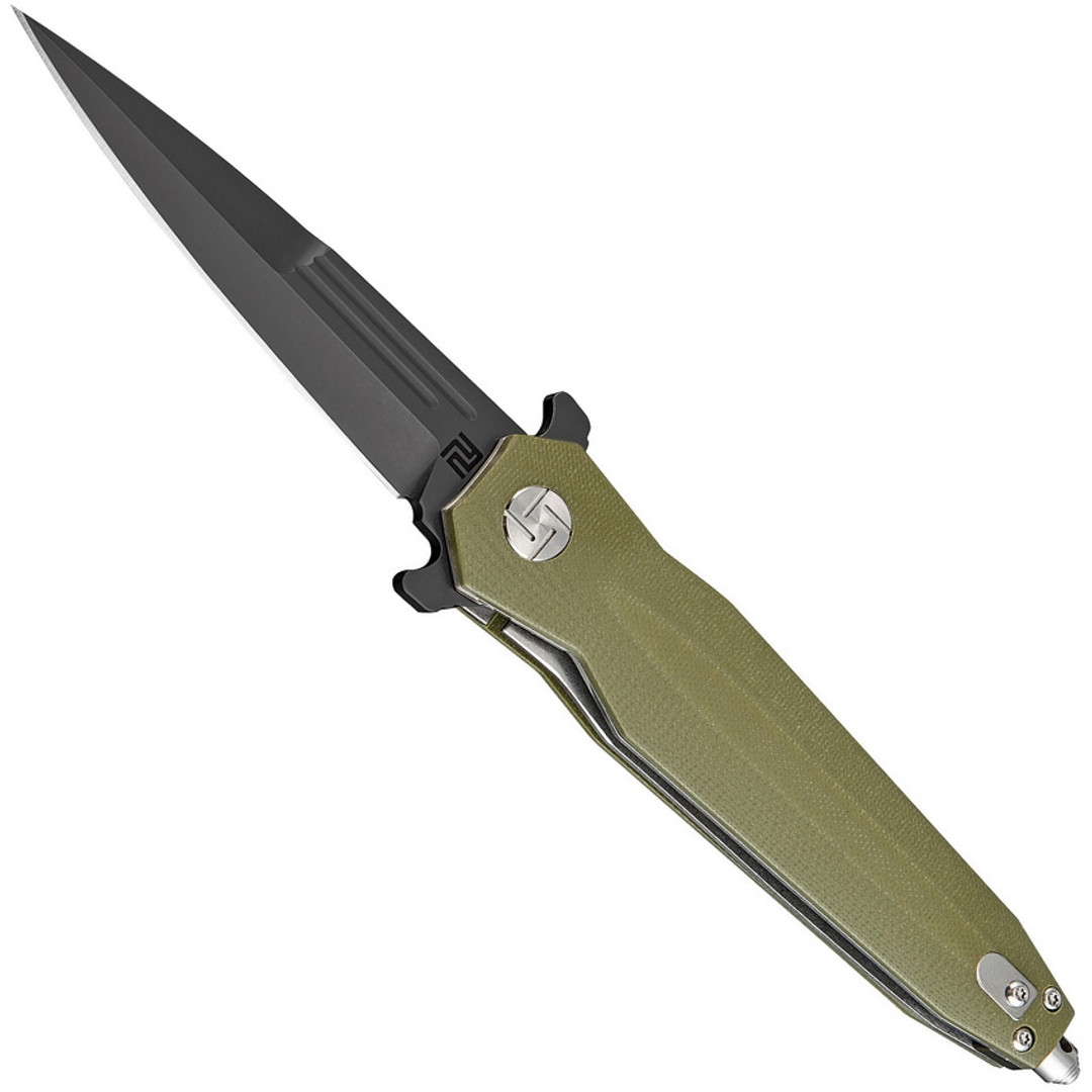 Artisan Cutlery Hornet Knife, Black D2 Spear Point Blade, Curved Green G10