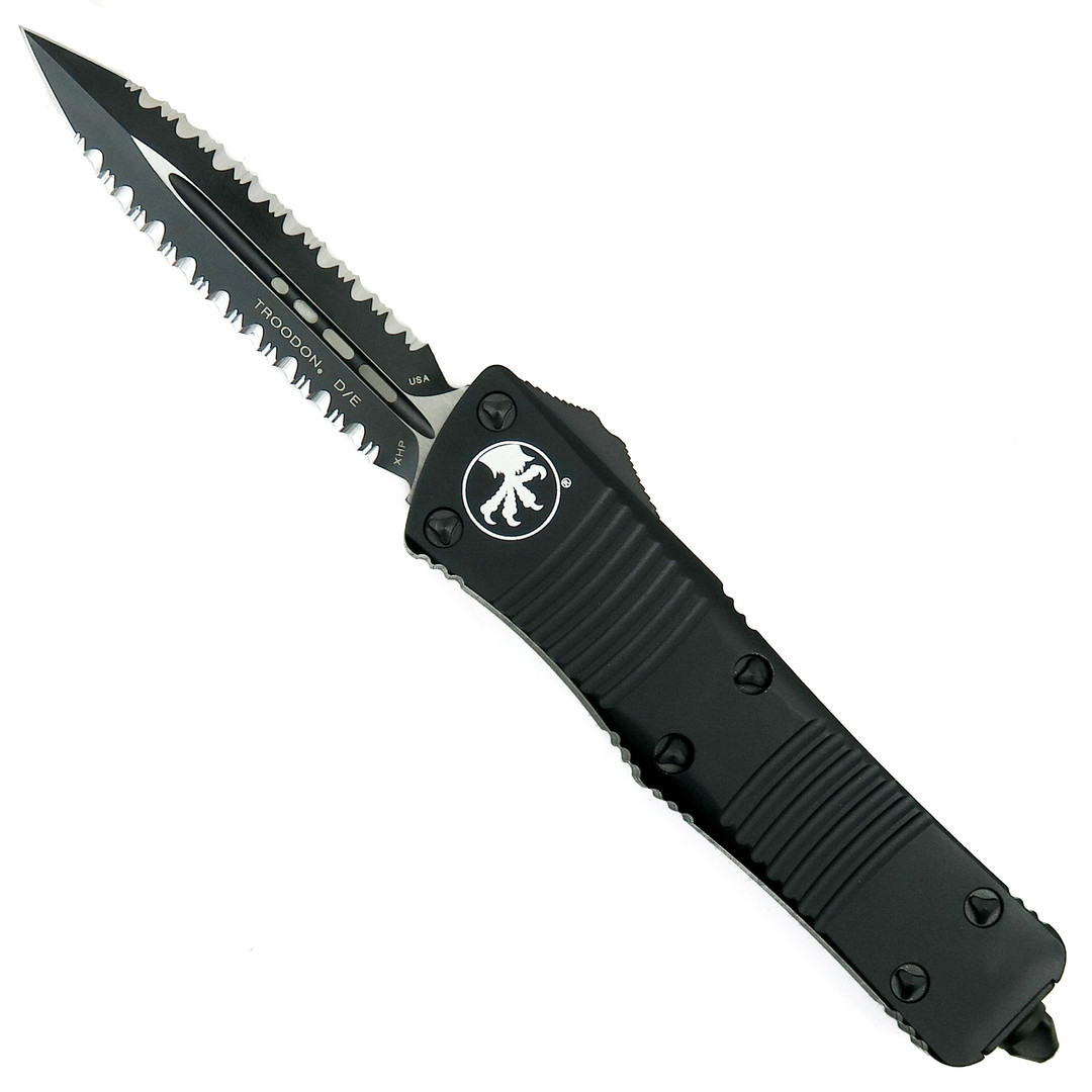 Microtech Troodon Tactical Dagger OTF Auto Knife, Black Double Full Serrated Blade