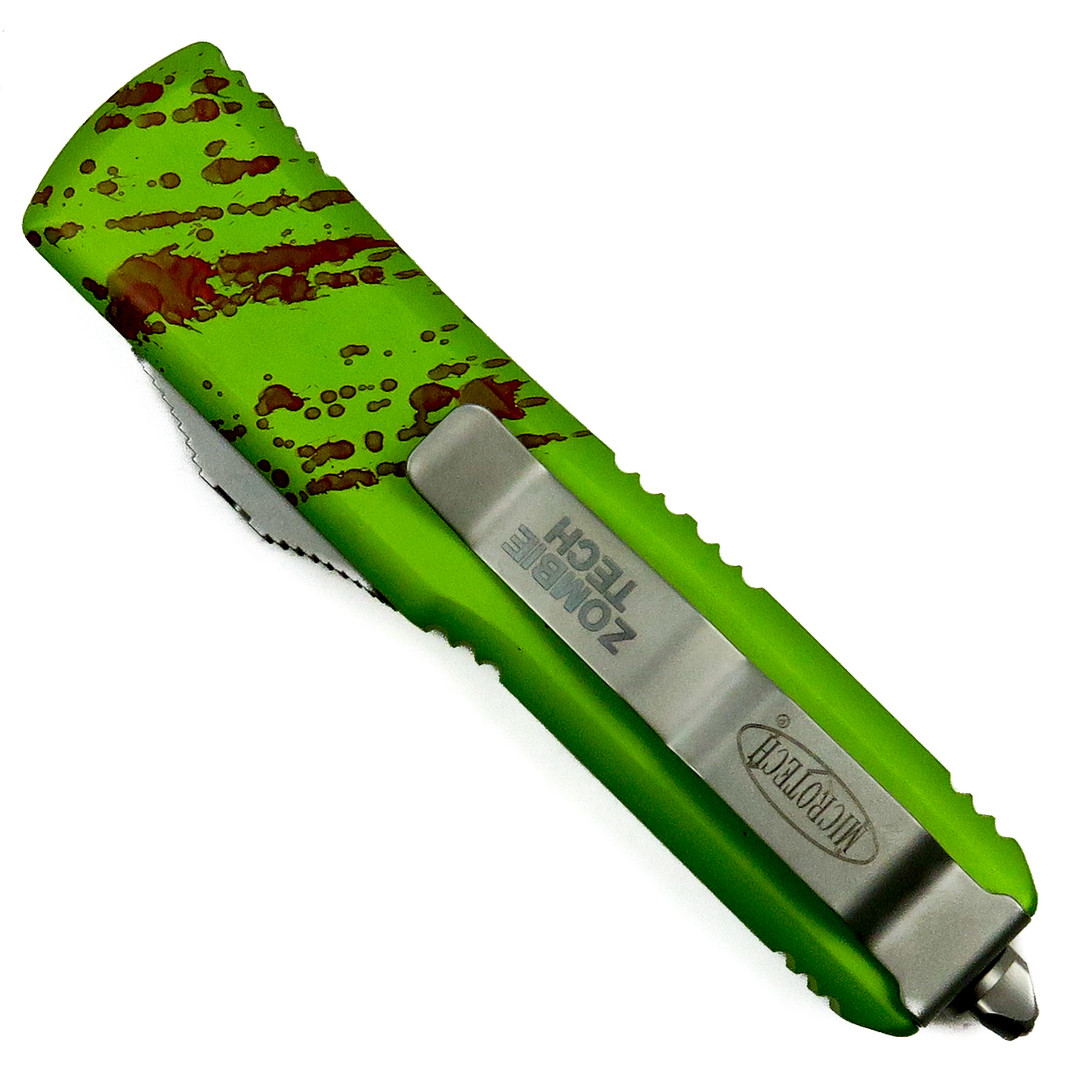 Microtech Zombie Tech UTX-85 OTF Auto Knife, Tanto Stonewash Blade, Clip View