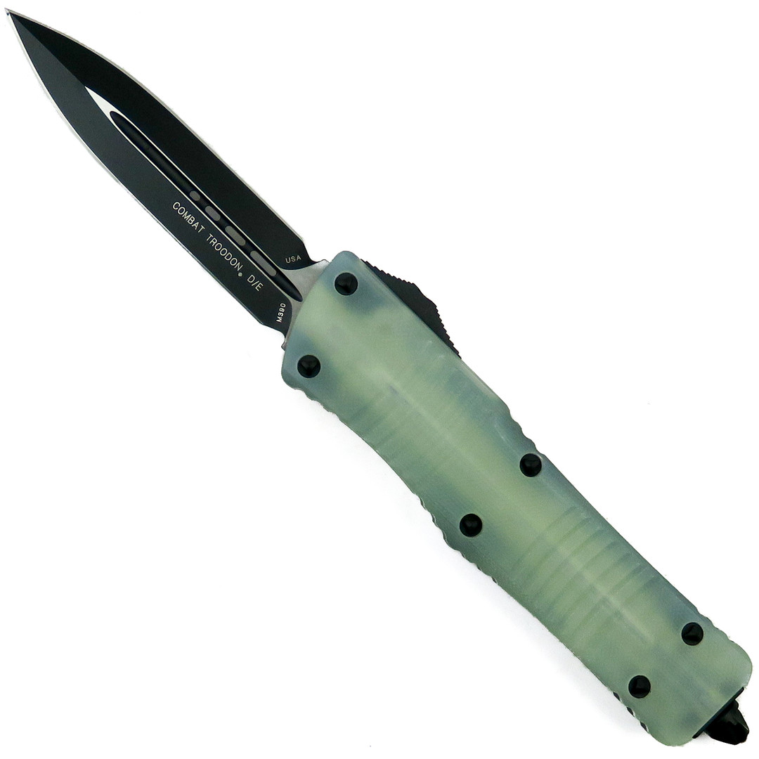 Microtech Signature Series Natural Jade Combat Troodon OTF Auto Knife, Black Dagger Blade