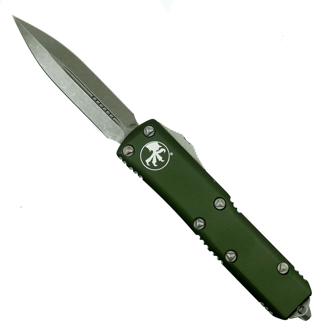Microtech OD Green UTX-85 OTF Auto Knife, Apocalyptic Stonewash Dagger Blade