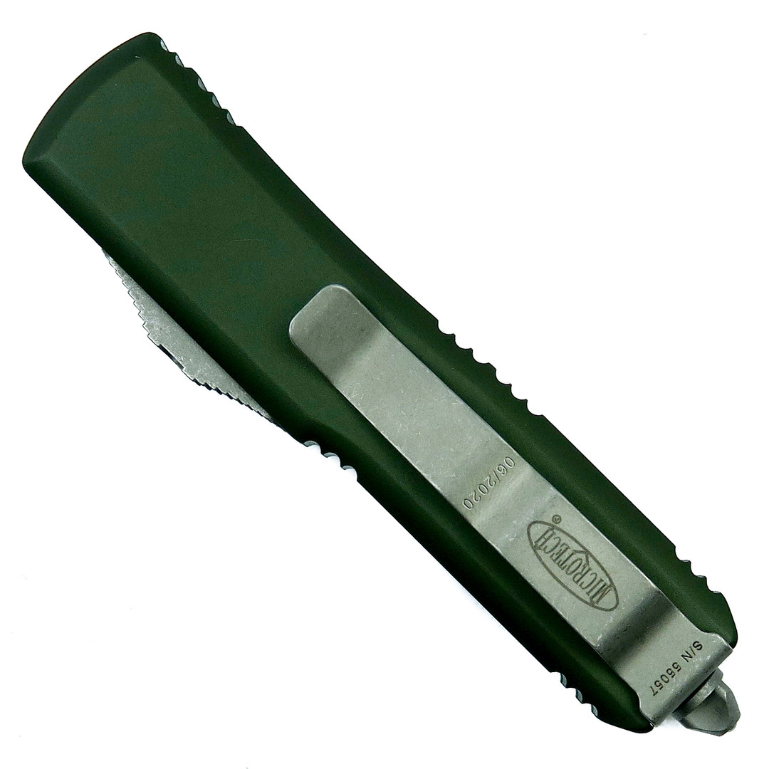 Microtech OD Green UTX-85 OTF Auto Knife, Apocalyptic Stonewash Dagger Blade, Clip View