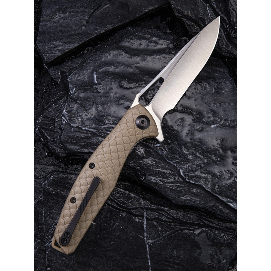 CIVIVI Tan Wyvern Flipper Knife, Satin D2 Blade, Clip View