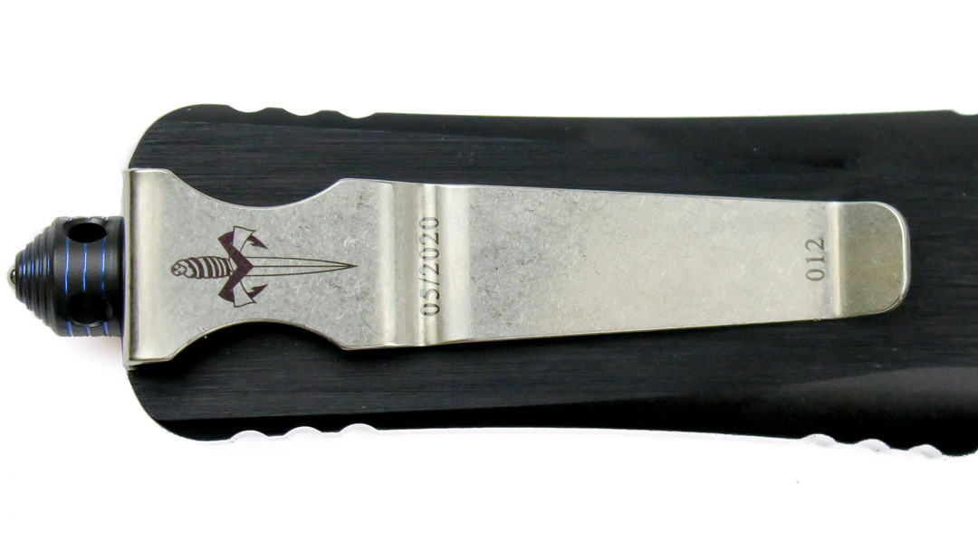 Marfione Custom Combat Troodon Anodized Hefted Alloy, Two Tone Stonewash Compound Grind Blade, CLose Clip View