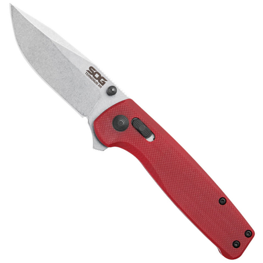 SOG Terminus Crimson XR Flipper Knife, Stonewash D2 Blade