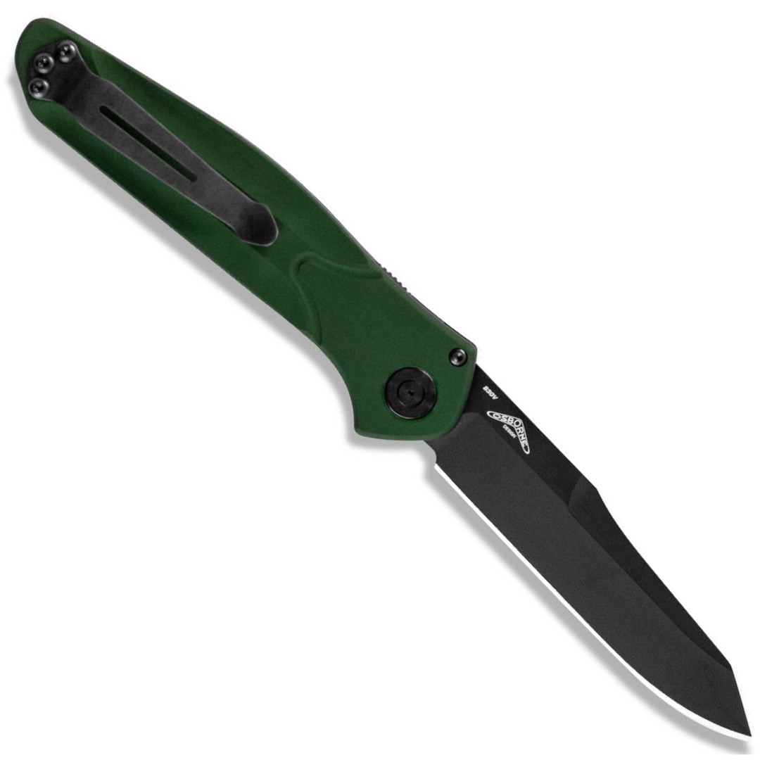 Benchmade 9400BK Auto Osborne Knife, CPM-S30V Black Blade, Green Handle, Clip View 