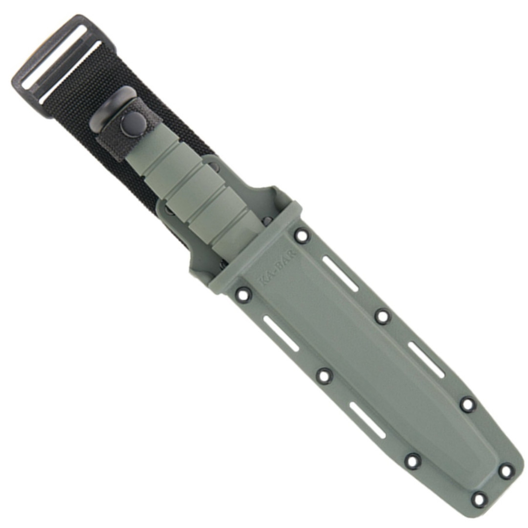 Ka-Bar Full Size Foliage Green Combat Knife, Black Clip Point Combo Blade, Sheath View