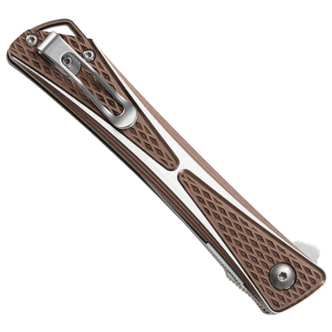 CRKT Bronze Aluminum Crossbones Flipper Knife, AUS-8 Satin Blade, Clip View