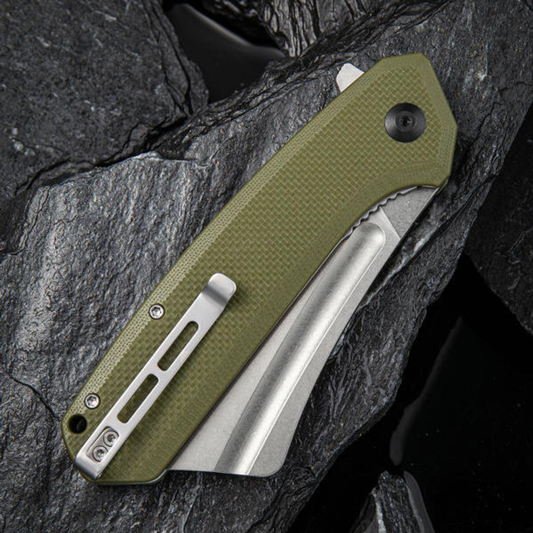 CIVIVI OD Green BullMastiff Flipper Knife, Stonewash Blade, Clip View