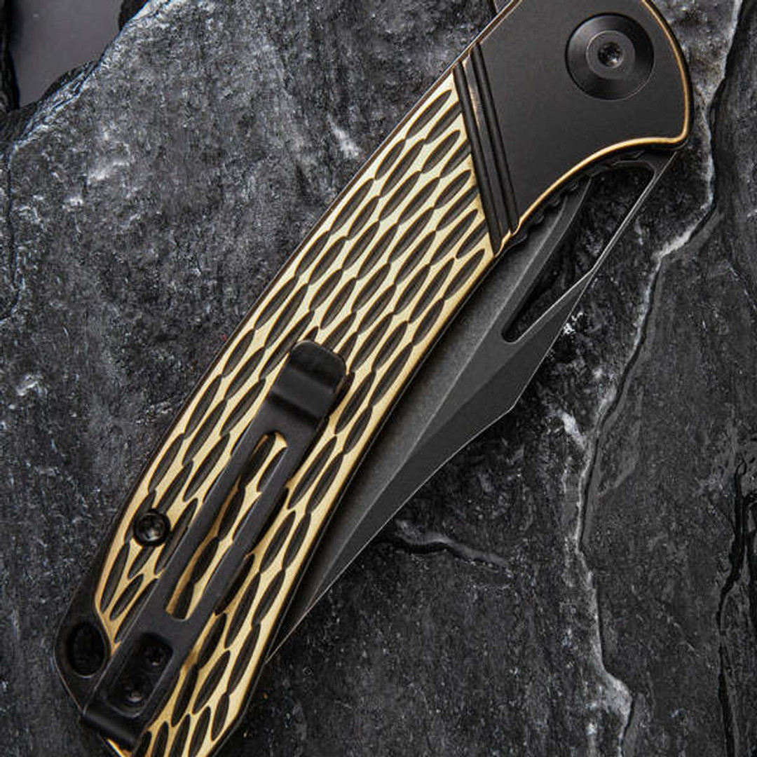CIVIVI Brass Dogma Flipper Knife, Black Stonewash D2 Blade, Clip View